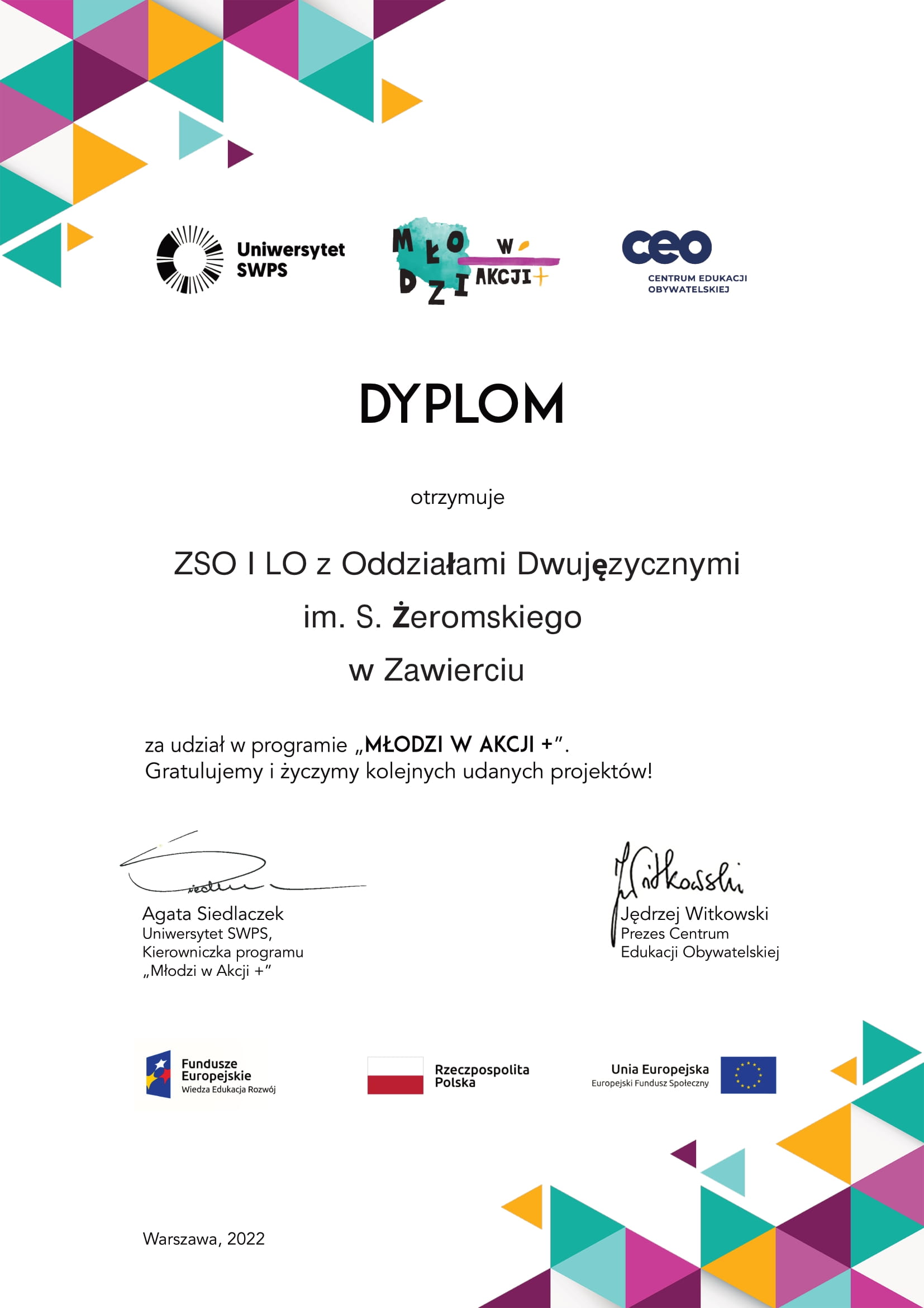 dyplom dla szkoly - ZSO I LO z Oddziaami Dwujzycznymi im S eromskiego w Zawierciu-1